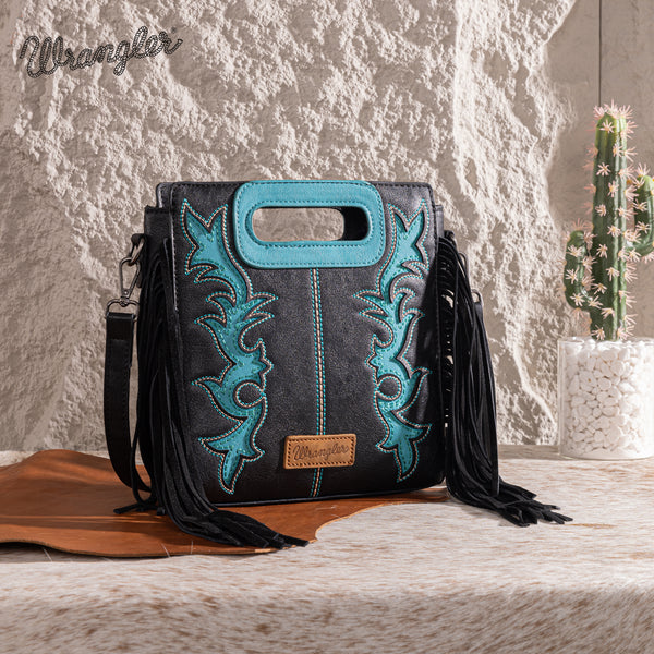 Wrangler Black/Teal Boot Scroll Fringe Tote/Crossb