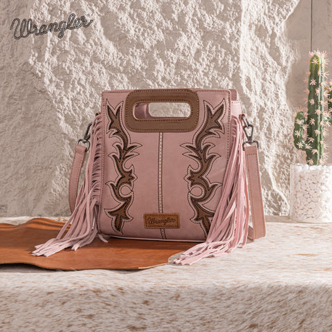 Wrangler Pink/Brown Boot Scroll Fringe Tote/Crossb