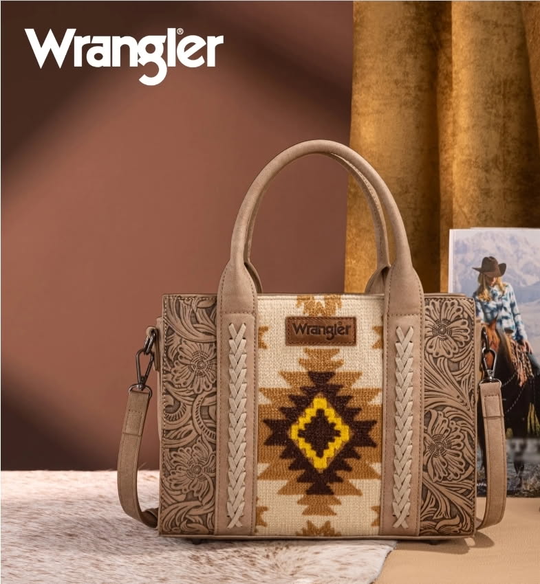 Wrangler Tan Tooled Aztec Pattern Tote/Crossbody